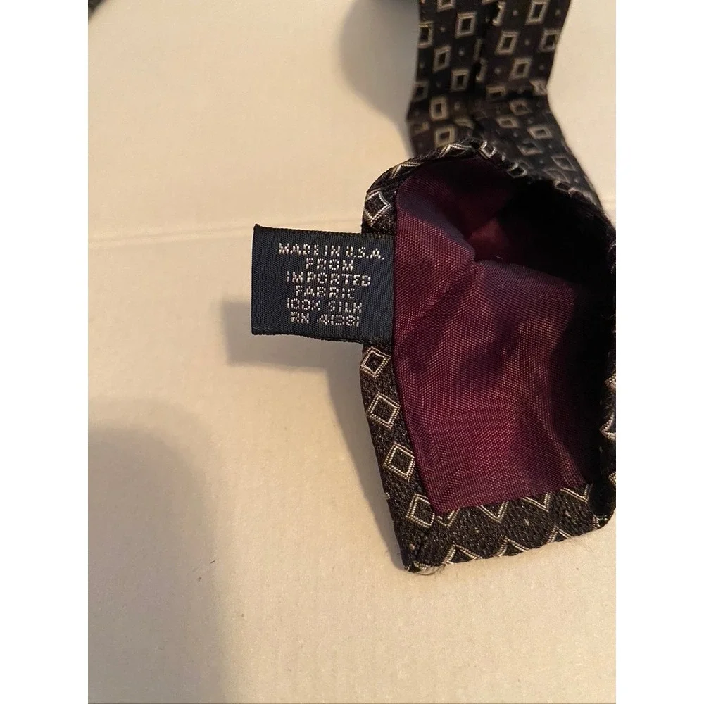 Polo Ralph Lauren Mens Silk Necktie Brown Tan Geometric Square Pattern Hand Made